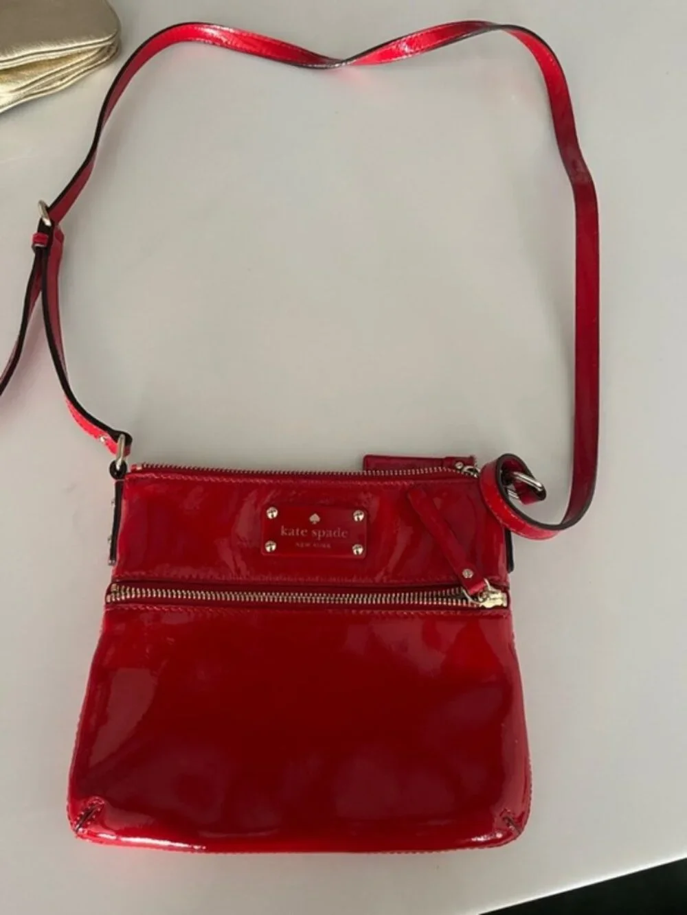 Kate Spade New York Red Patent Leather Crossbody Bag | Gold Hardware | Polka Dot